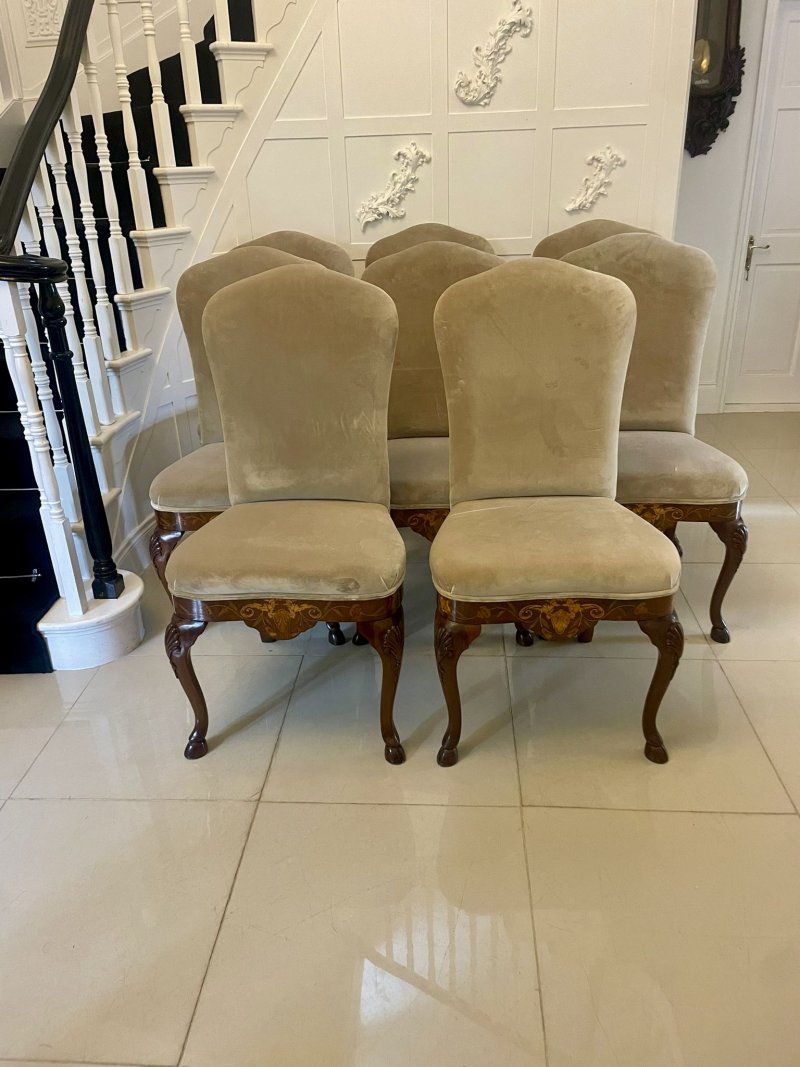 Set of 8 Antique Quality Burr Walnut Inlaid Marquetry Dining Chairs - Image 5